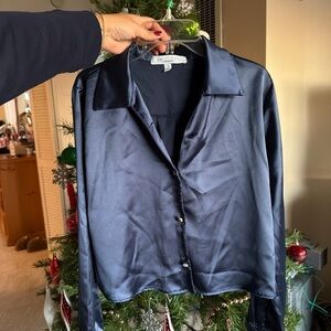 SHEIN Navy Satin Button-Up Shirt